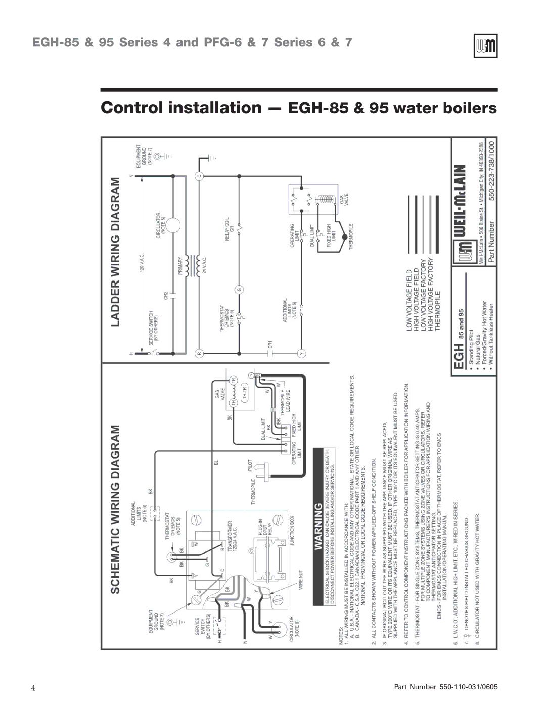 Weil-McLain EGH-95, PFG-6 manual Control installation EGH-85 & 95 water boilers 