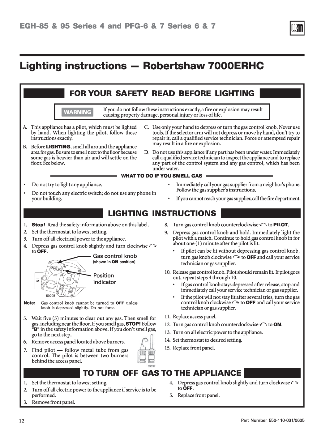 Weil-McLain PFG-6 Lighting instructions - Robertshaw 7000ERHC, For Your Safety Read Before Lighting, Lighting Instructions 