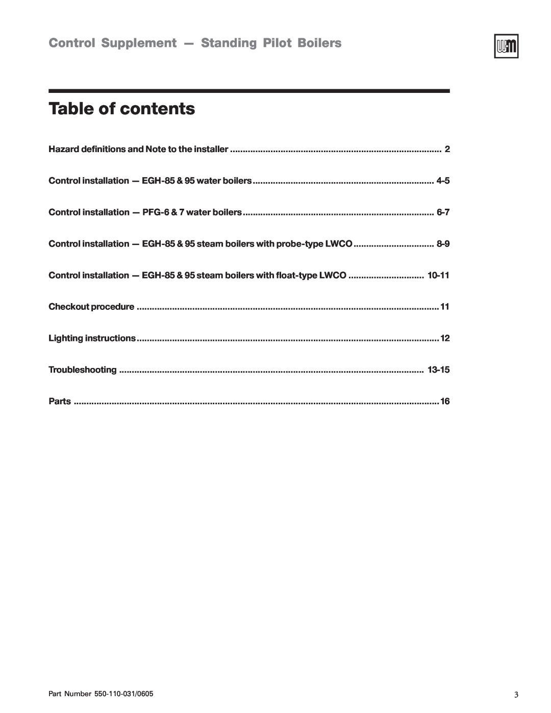 Weil-McLain PFG-6, EGH-95, EGH-85 manual Table of contents, Control Supplement - Standing Pilot Boilers, 10-11, 13-15 
