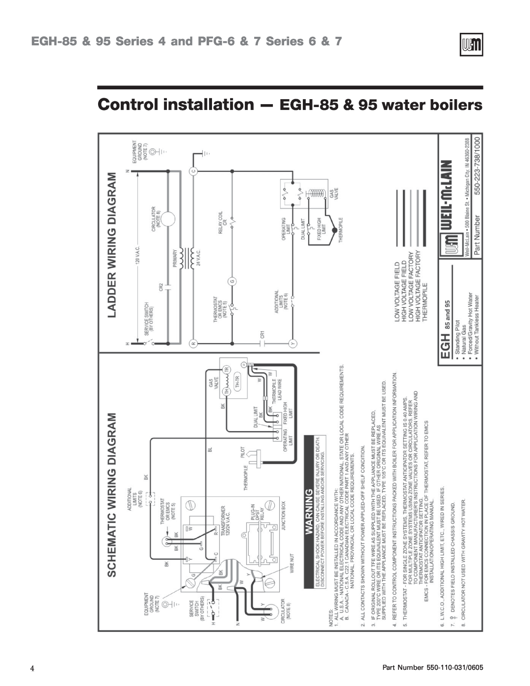 Weil-McLain EGH-95 manual Control installation - EGH-85& 95 water boilers, EGH-85& 95 Series 4 and PFG-6& 7 Series 