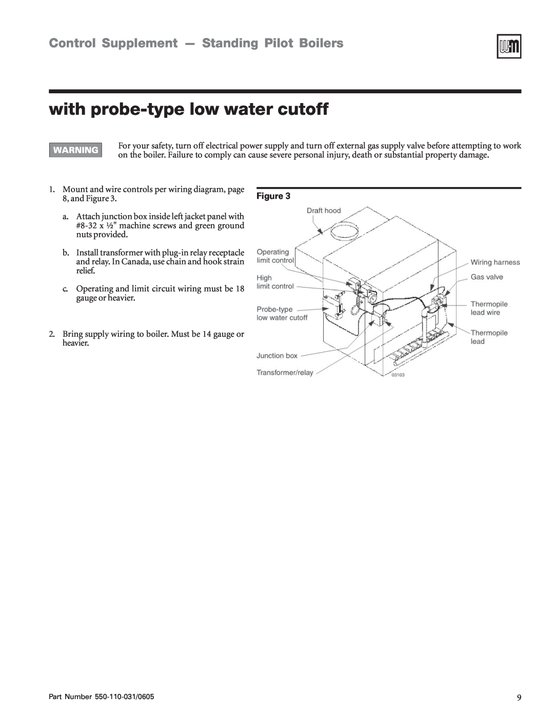 Weil-McLain PFG-6, EGH-95, EGH-85 manual with probe-typelow water cutoff, Control Supplement - Standing Pilot Boilers 