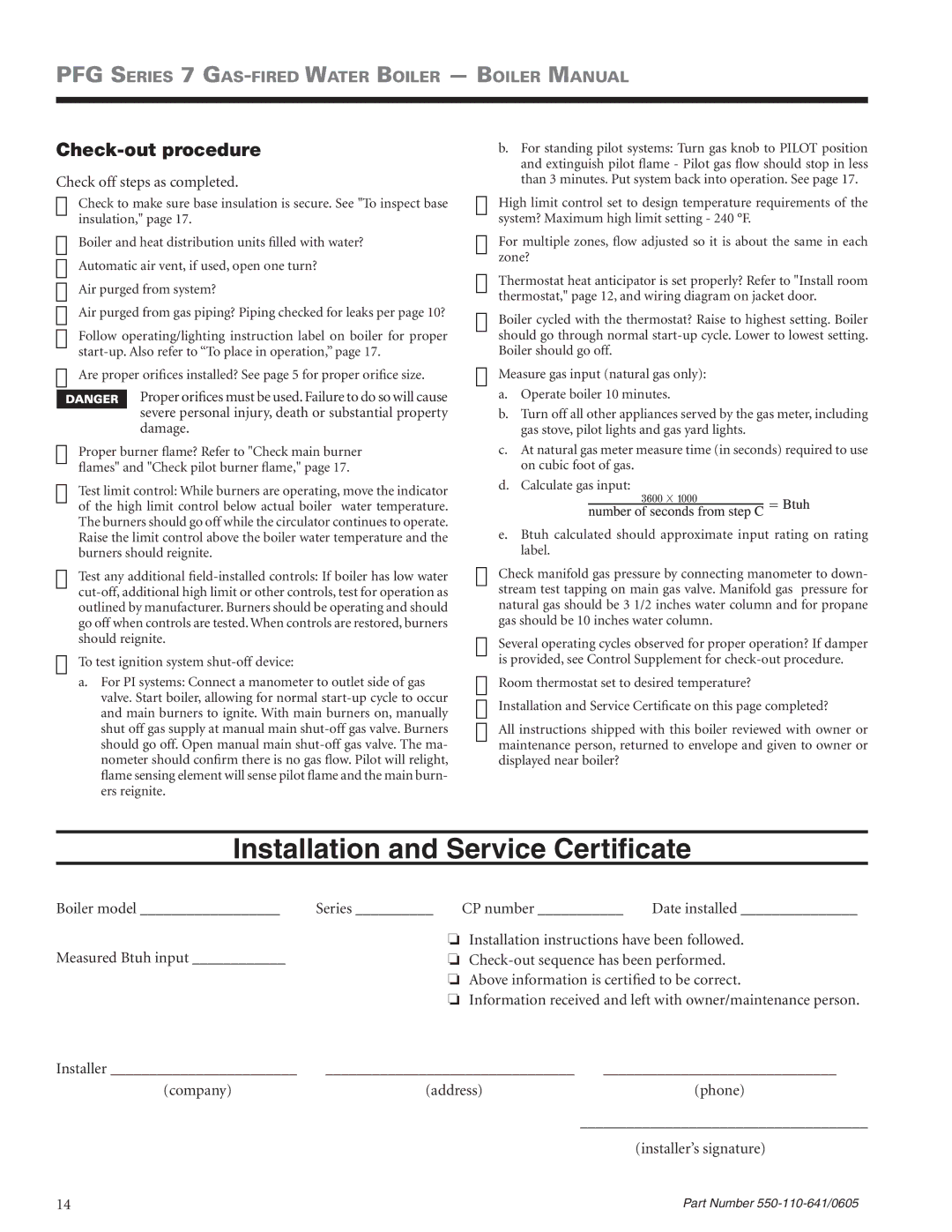 Weil-McLain PFG-7 manual Check-out procedure, Check off steps as completed, Boiler model Series CP number 