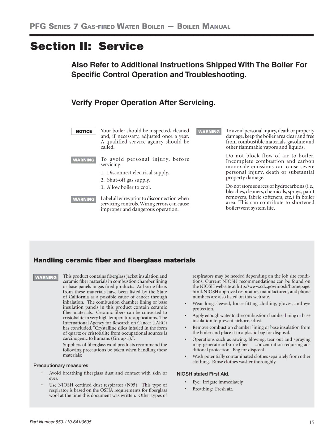 Weil-McLain PFG-7 manual Section II Service, Handling ceramic fiber and fiberglass materials 