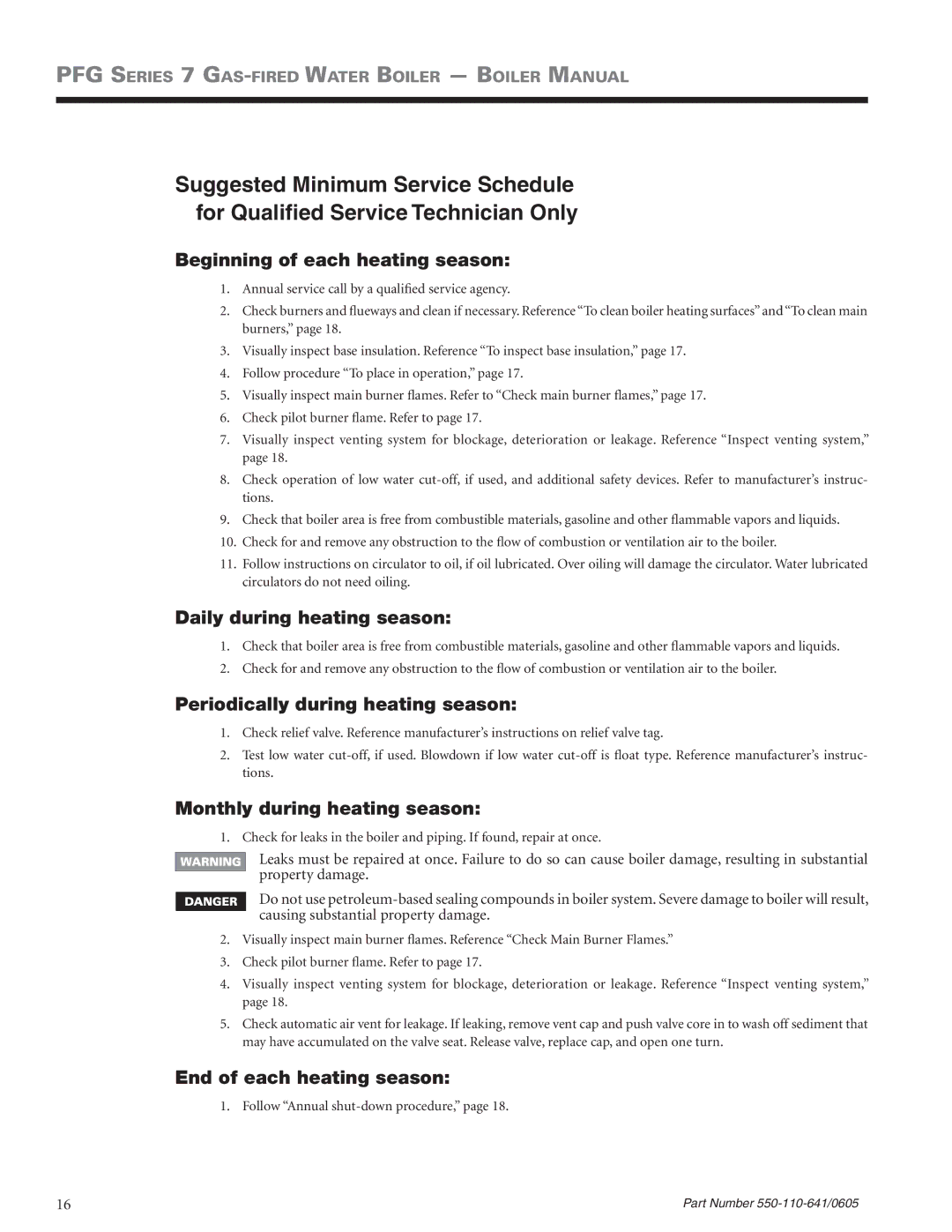 Weil-McLain PFG-7 manual Beginning of each heating season, Daily during heating season, Periodically during heating season 