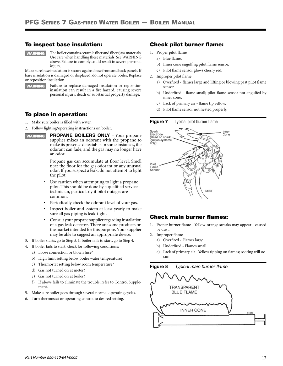 Weil-McLain PFG-7 To inspect base insulation, To place in operation, Check pilot burner flame, Check main burner flames 