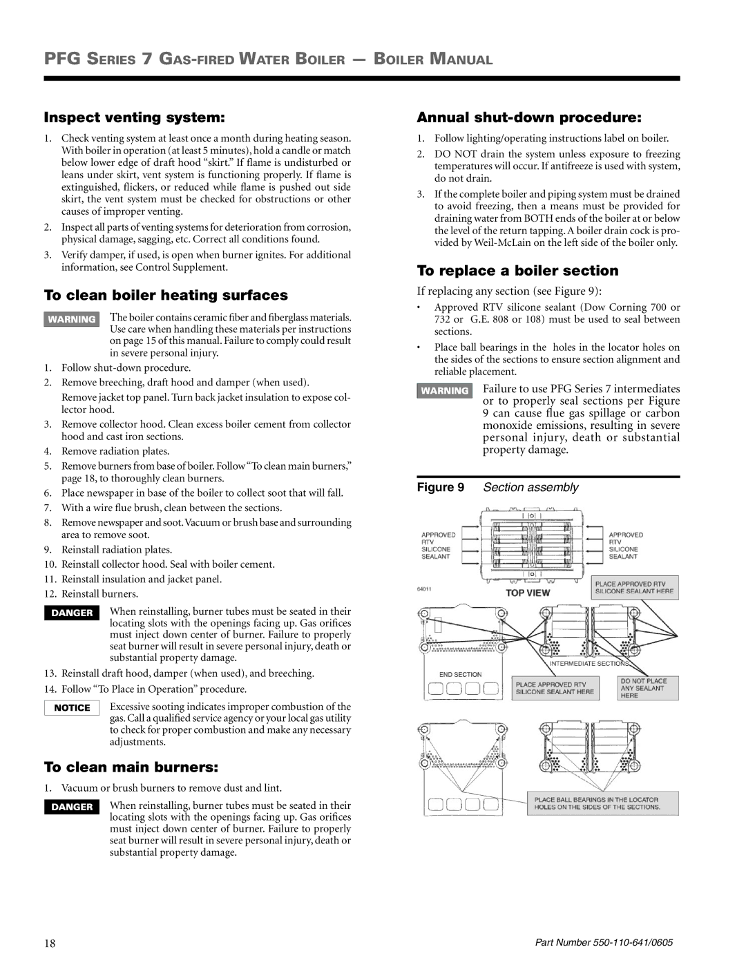 Weil-McLain PFG-7 manual Inspect venting system, To clean boiler heating surfaces, To clean main burners 