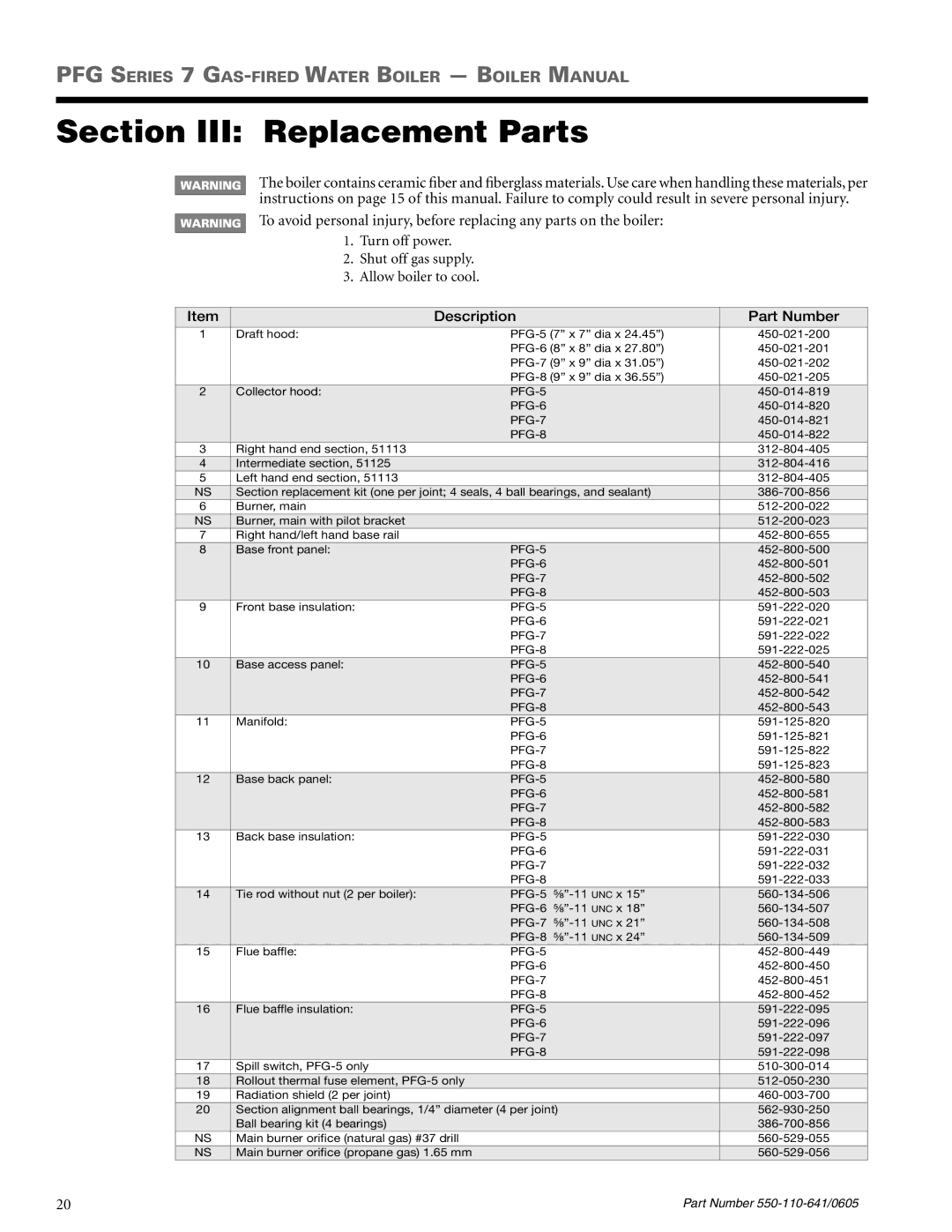 Weil-McLain PFG-7 manual Section III Replacement Parts, Description Part Number 