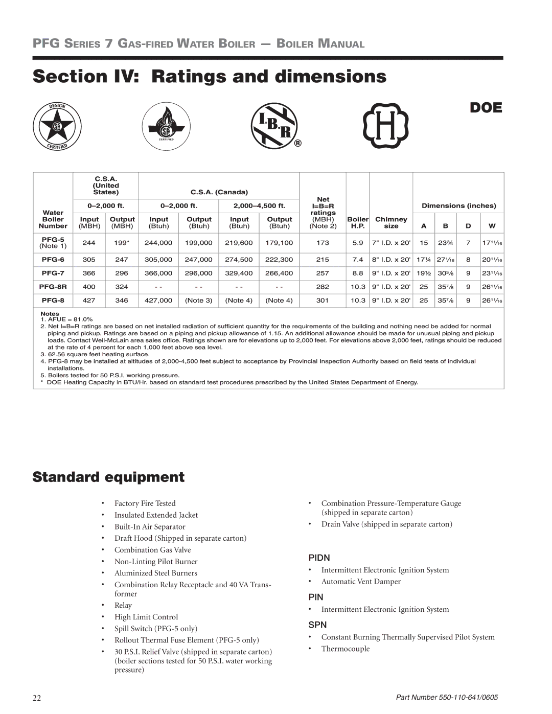 Weil-McLain PFG-7 manual Section IV Ratings and dimensions, Doe 