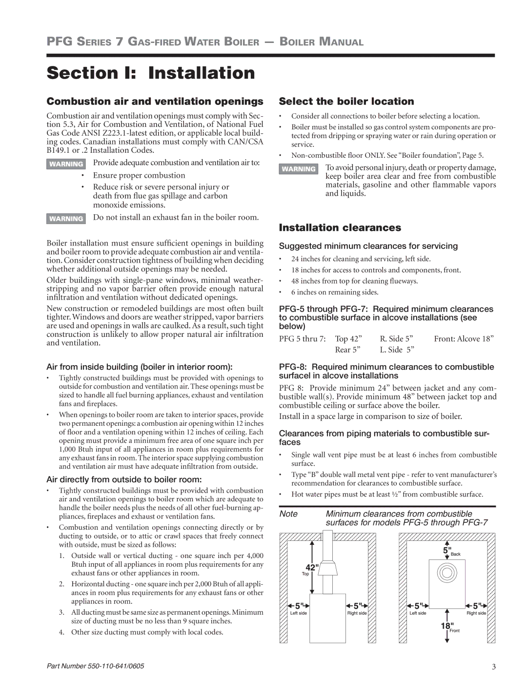 Weil-McLain PFG-7 manual Section I Installation, Combustion air and ventilation openings, Select the boiler location 