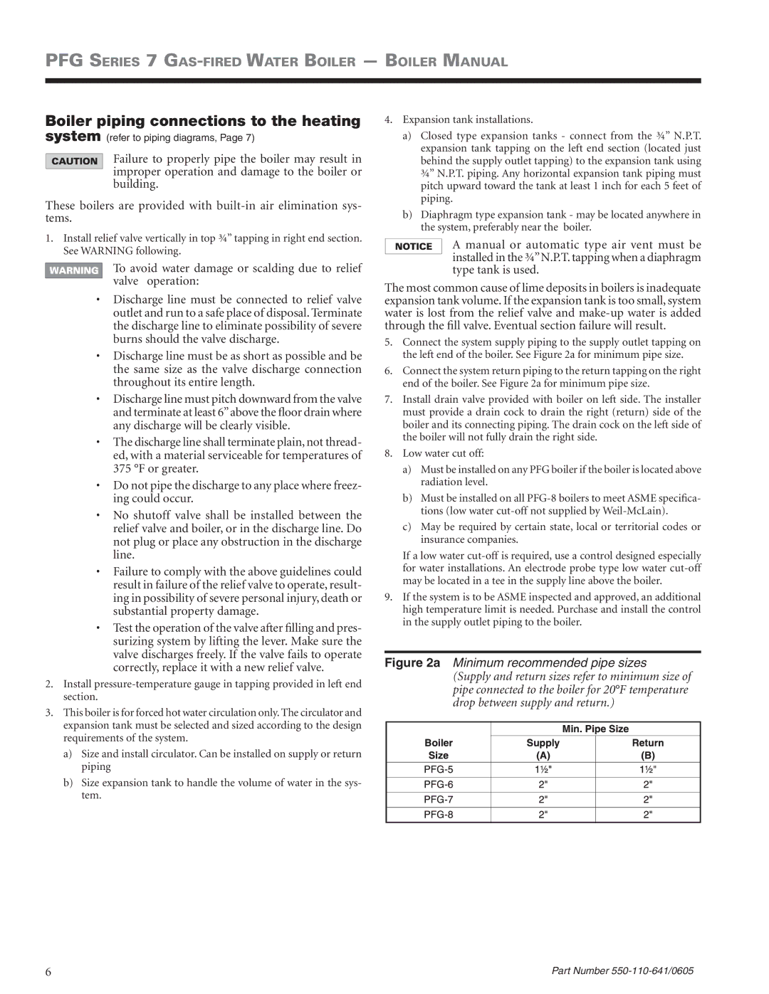 Weil-McLain PFG-7 manual Boiler piping connections to the heating 