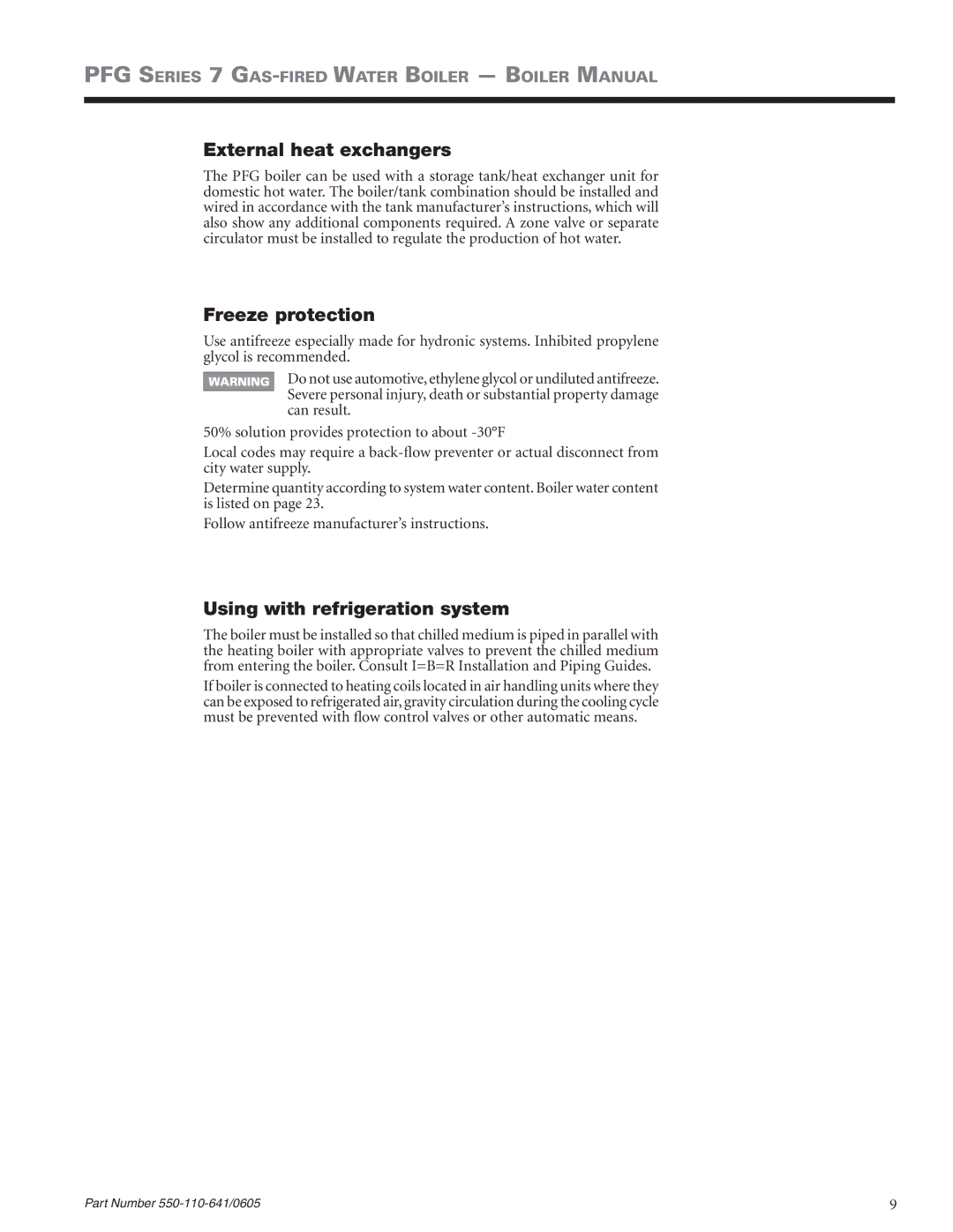 Weil-McLain PFG-7 manual External heat exchangers, Freeze protection, Using with refrigeration system 