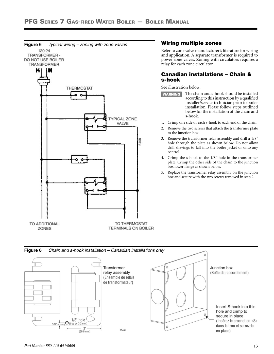 Weil-McLain PFG-7 Wiring multiple zones, Canadian installations - Chain & s-hook, Typical wiring - zoning with zone valves 