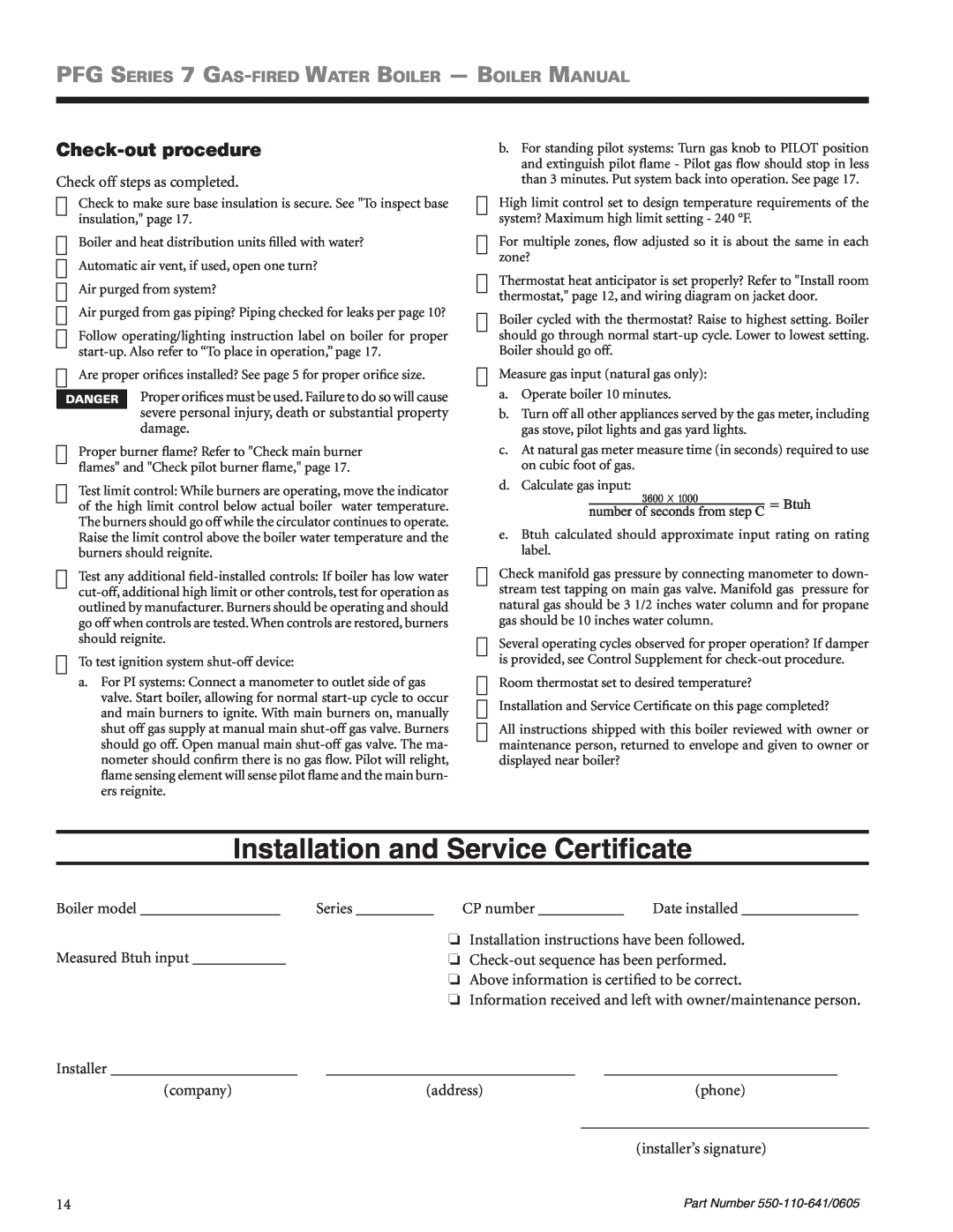 Weil-McLain PFG-7 manual Check-outprocedure, Installation and Service Certificate 