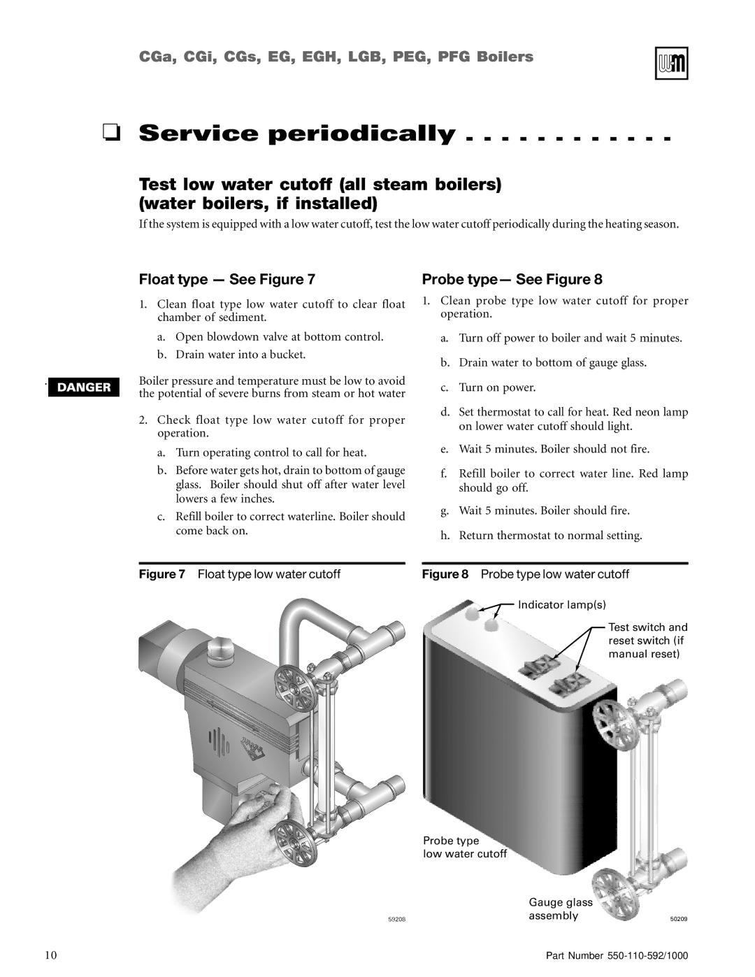 Weil-McLain LGB, PFG, PEG, CGs, CGi, EGH manual Service periodically, Float type low water cutoff 