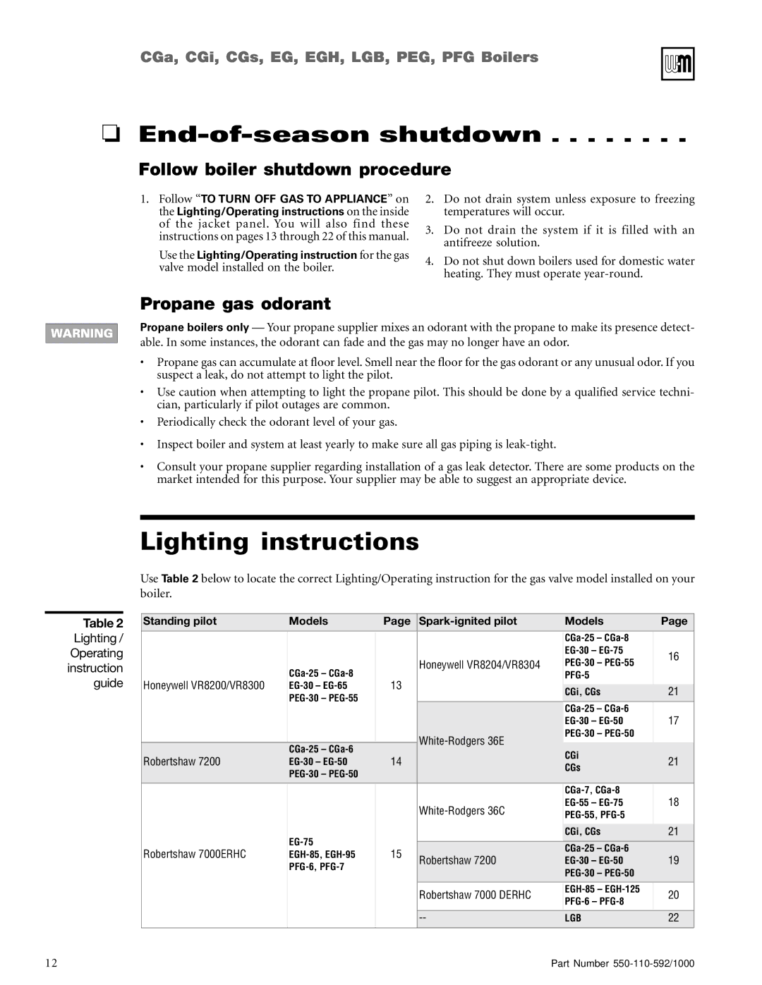 Weil-McLain PFG, PEG Lighting instructions, End-of-season shutdown, Follow boiler shutdown procedure, Propane gas odorant 