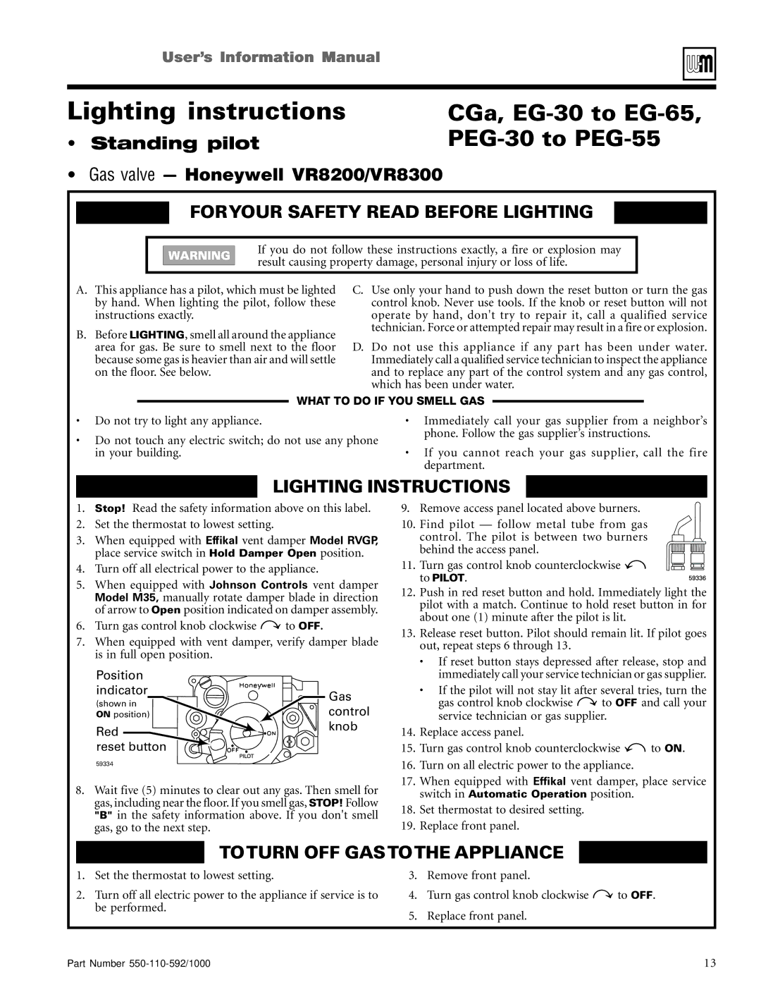 Weil-McLain PFG, CGs CGa, EG-30 to EG-65, PEG-30 to PEG-55, Foryour Safety Read Before Lighting, Lighting Instructions 