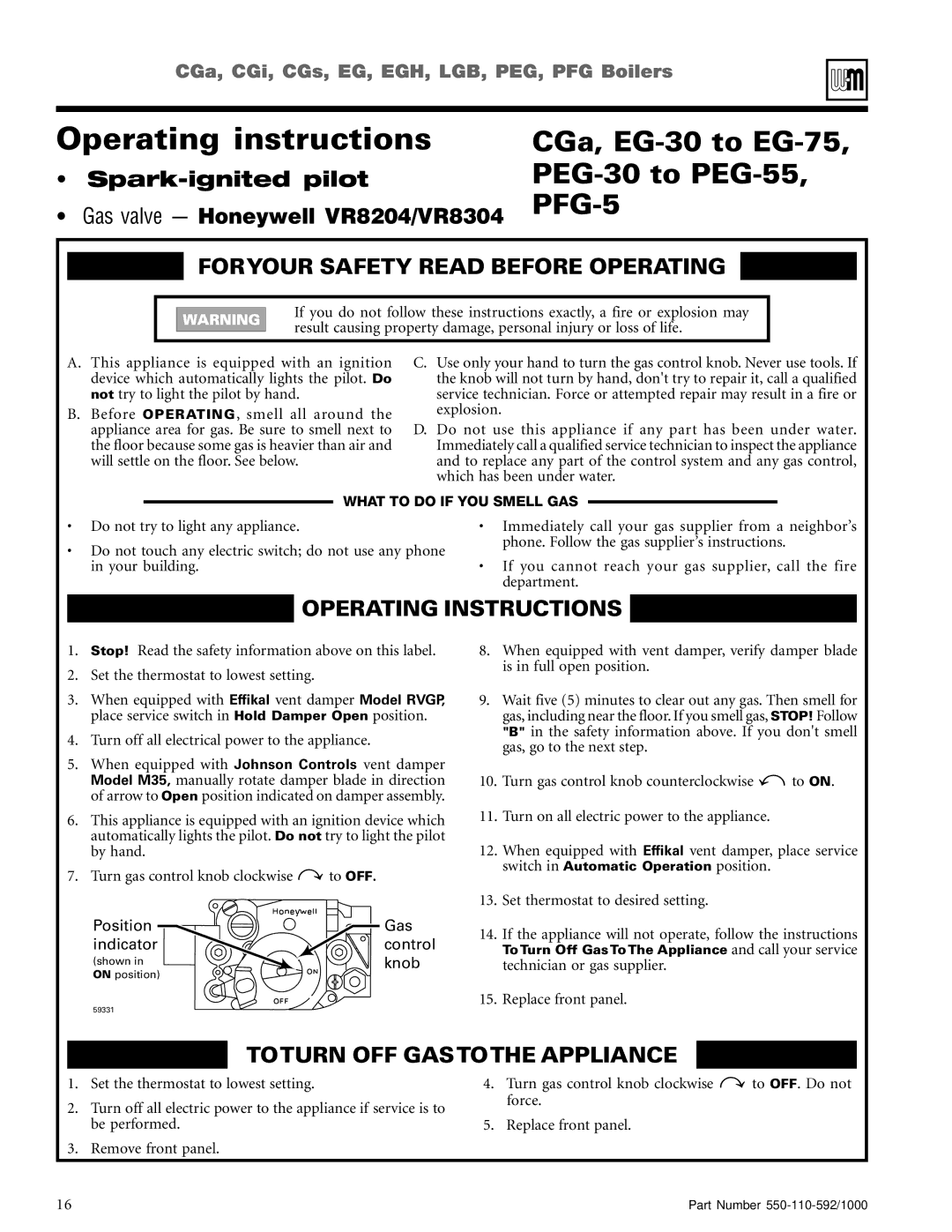 Weil-McLain LGB Operating instructions, CGa, EG-30 to EG-75, PEG-30 to PEG-55, PFG-5, Foryour Safety Read Before Operating 