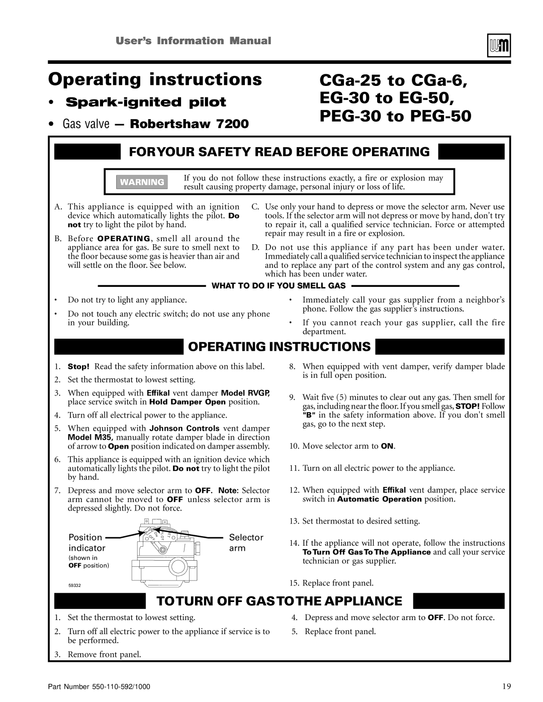 Weil-McLain PEG, PFG, CGs, CGi, LGB, EGH manual Spark-ignited pilot Gas valve Robertshaw 