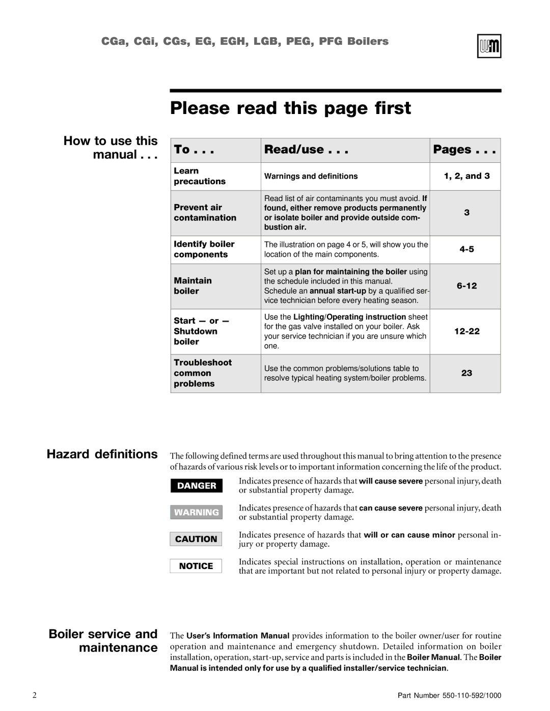 Weil-McLain CGs, PFG, PEG, CGi, LGB, EGH manual Please read this page first, Manual, Hazard definitions 