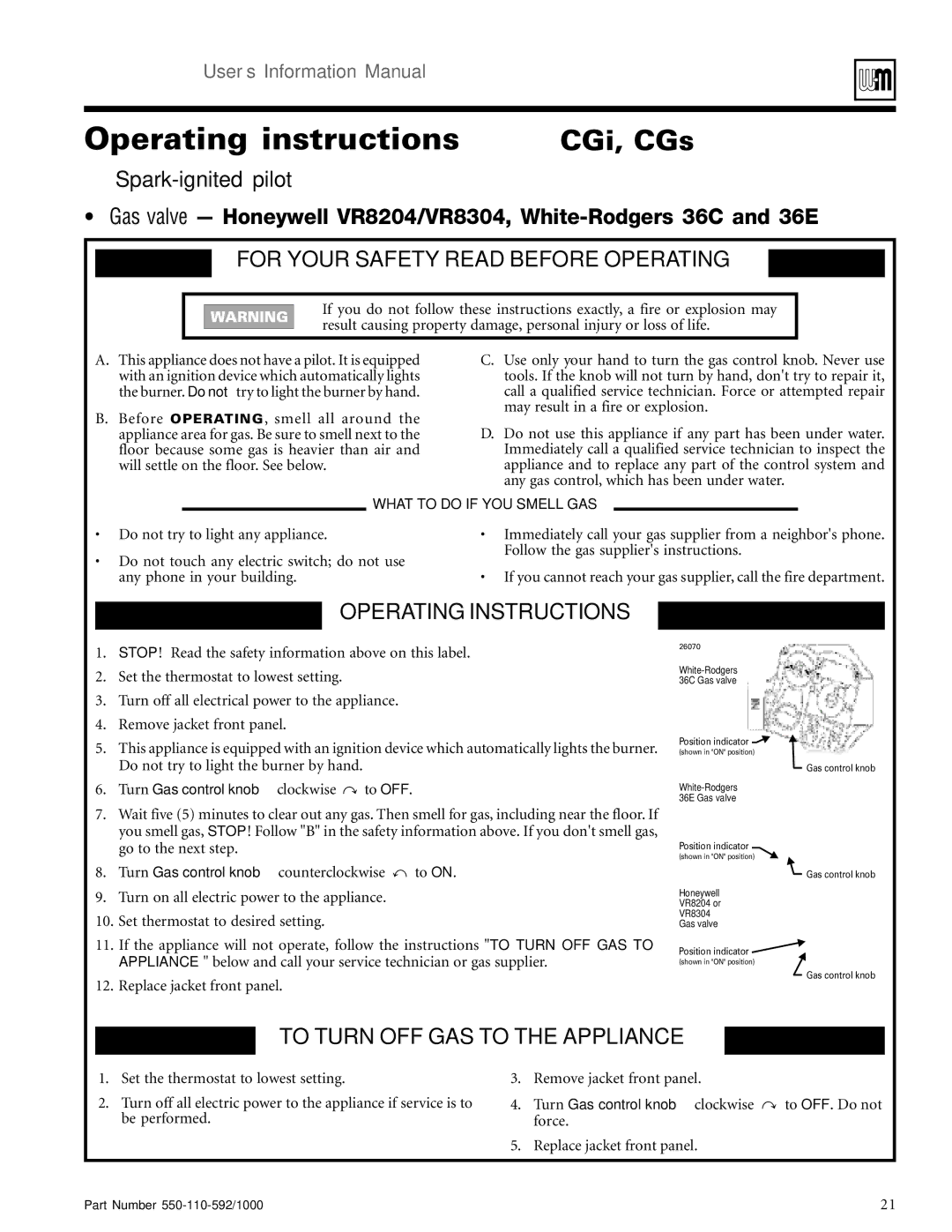 Weil-McLain PFG, PEG, LGB, EGH manual CGi, CGs, For Your Safety Read Before Operating, To Turn OFF GAS to the Appliance 