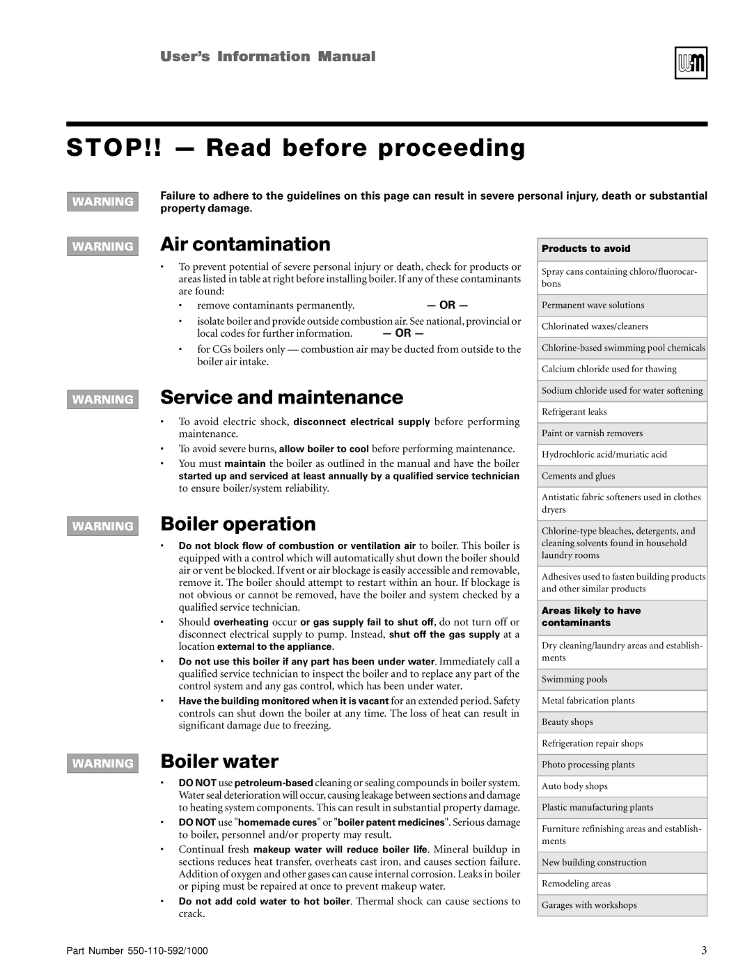 Weil-McLain CGi, PFG, PEG, CGs, LGB, EGH manual UserísInformationManual, STOP!! Read before proceeding 