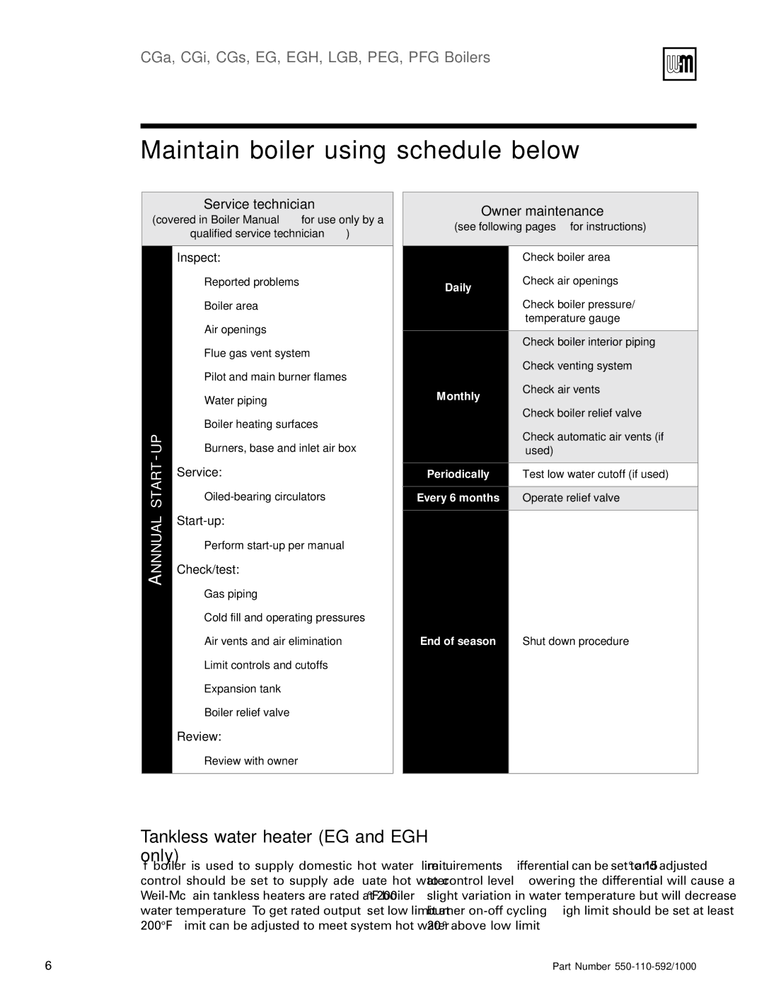 Weil-McLain PFG, PEG, CGs, CGi, LGB manual Maintain boiler using schedule below, Tankless water heater EG and EGH Only 