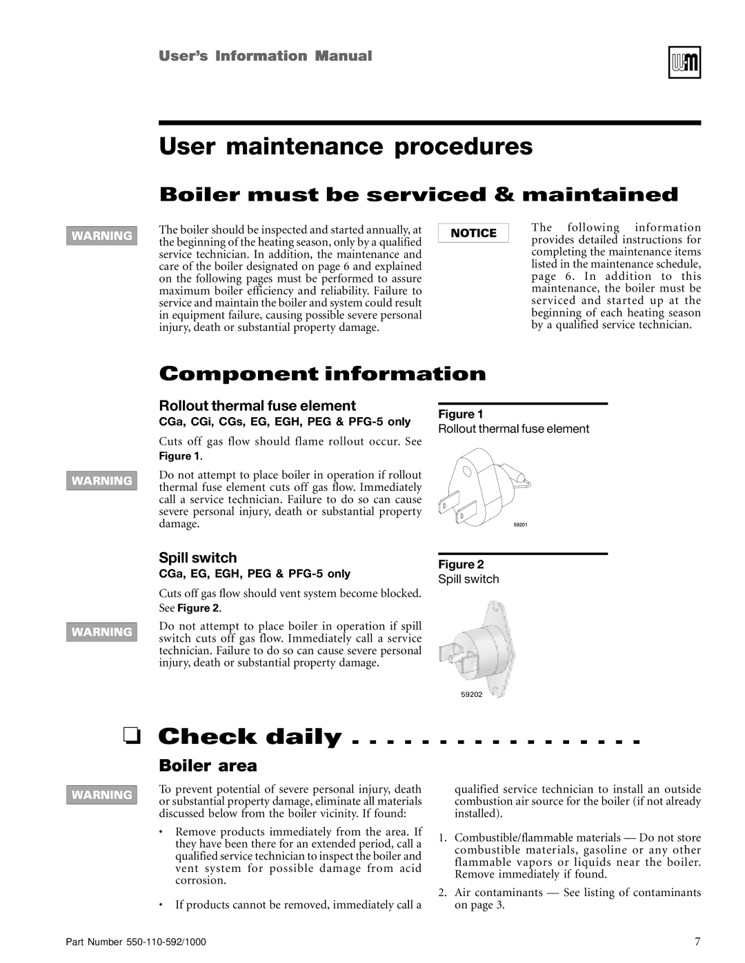 Weil-McLain LGB manual User maintenance procedures, Check daily, Boiler area, CGa, CGi, CGs, EG, EGH, PEG & PFG-5 only 