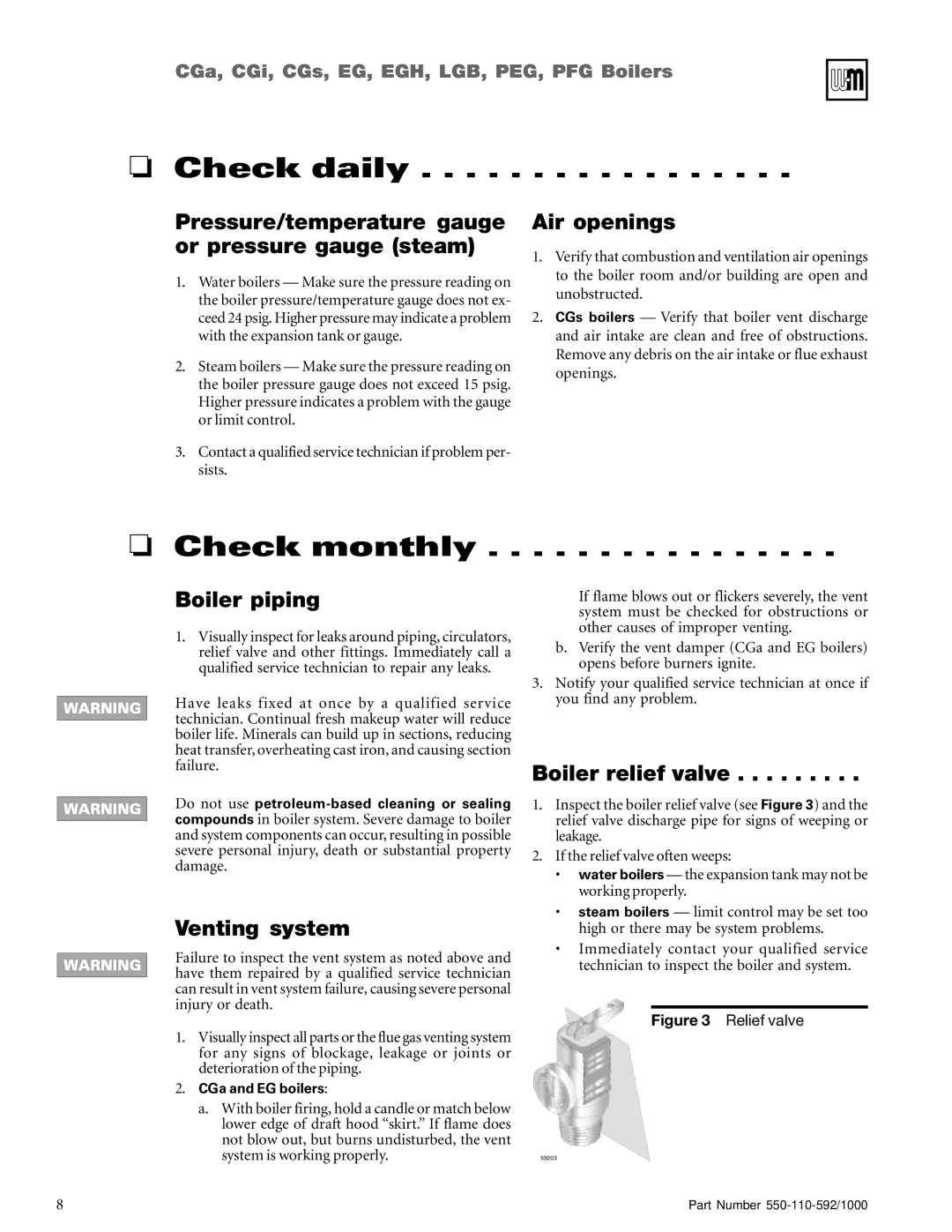 Weil-McLain CGs, PFG, PEG, CGi, LGB, EGH manual Check monthly 