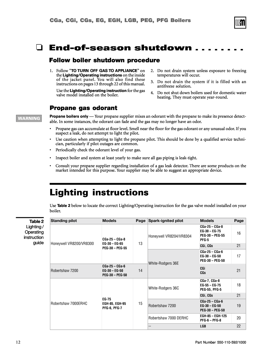 Weil-McLain PFG, PEG Lighting instructions, End-of-seasonshutdown, Follow boiler shutdown procedure, Propane gas odorant 