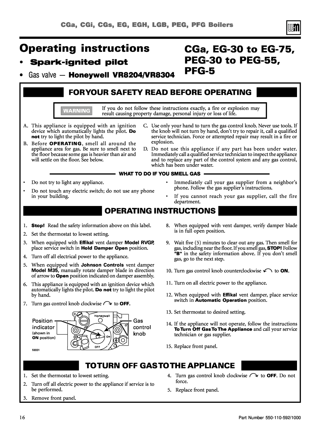 Weil-McLain LGB, CGs, CGi, EGH manual Operating instructions, CGa, EG-30to EG-75, PEG-30to PEG-55, PFG-5, Spark-ignitedpilot 