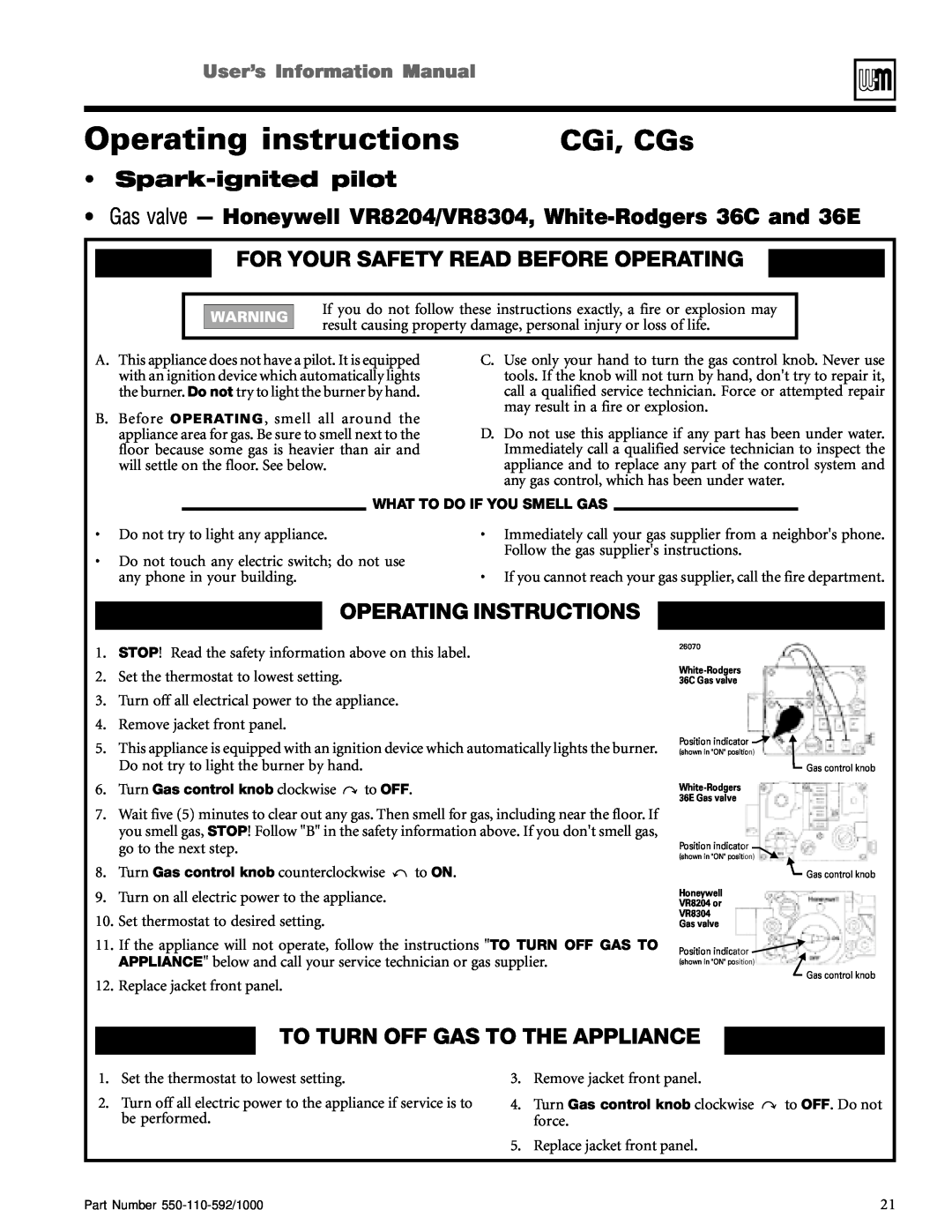 Weil-McLain CGi, CGs, For Your Safety Read Before Operating, To Turn Off Gas To The Appliance, UserísInformationManual 