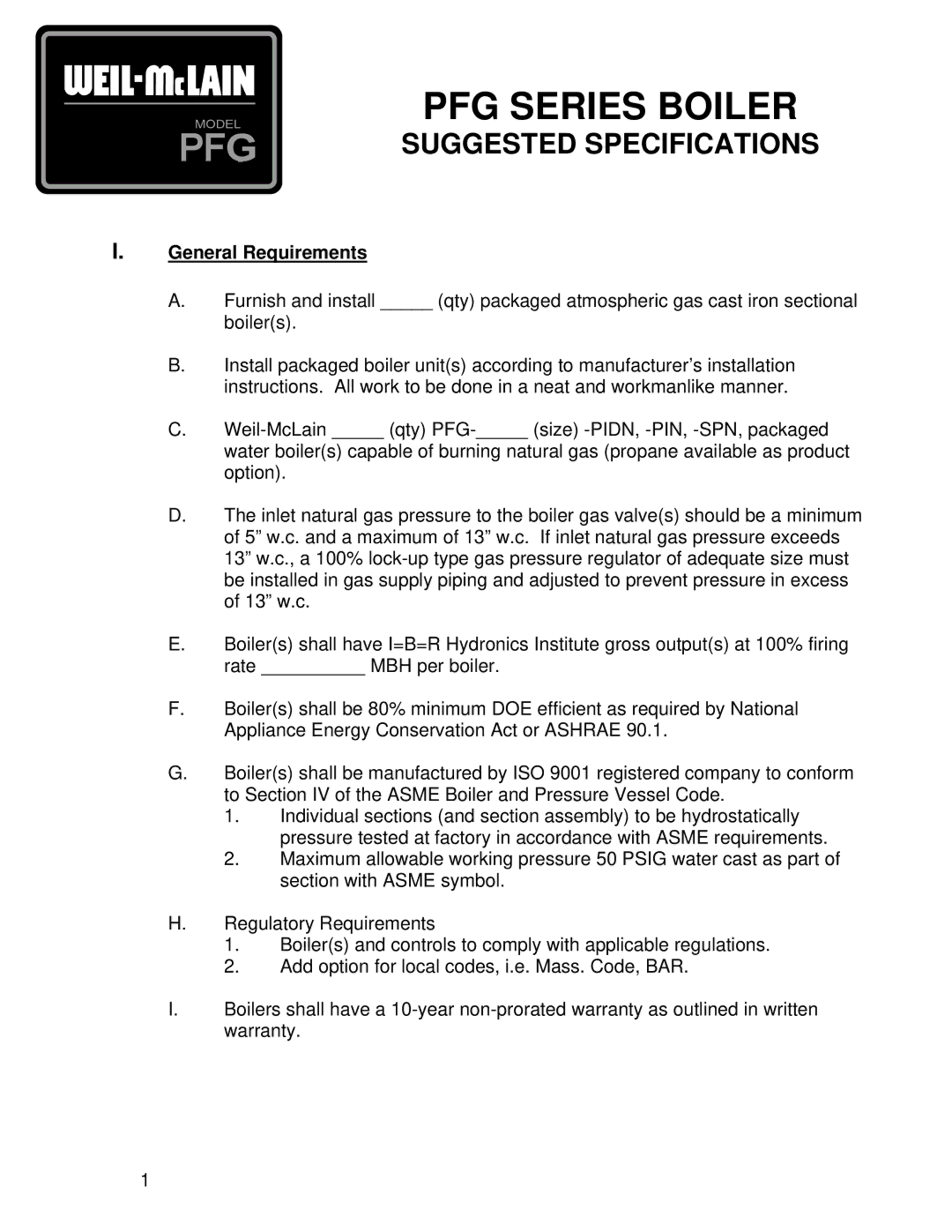 Weil-McLain specifications PFG Series Boiler, Suggested Specifications, General Requirements 