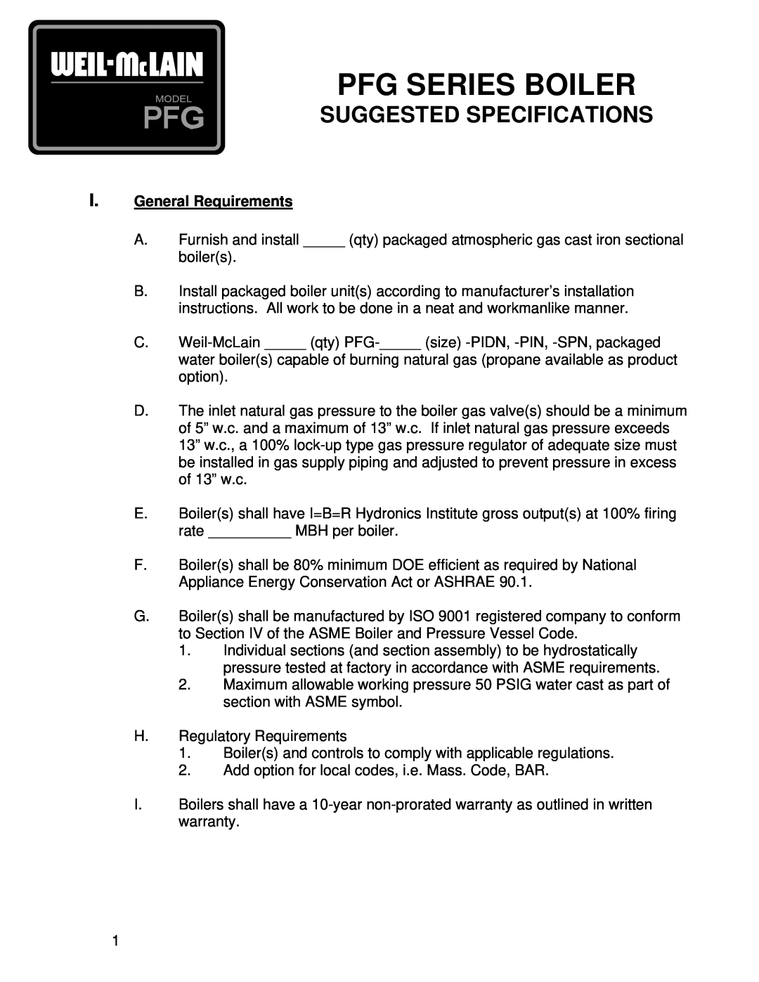 Weil-McLain PFG Series specifications I.General Requirements, Pfg Series Boiler, Suggested Specifications 