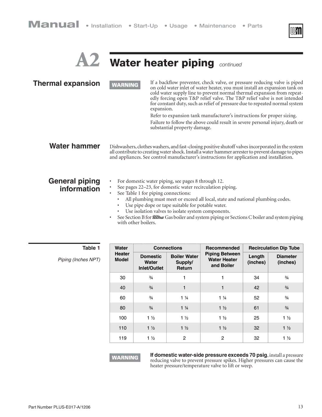 Weil-McLain PLUS-E017-A/1206 manual Thermal expansion Water hammer, General piping information 