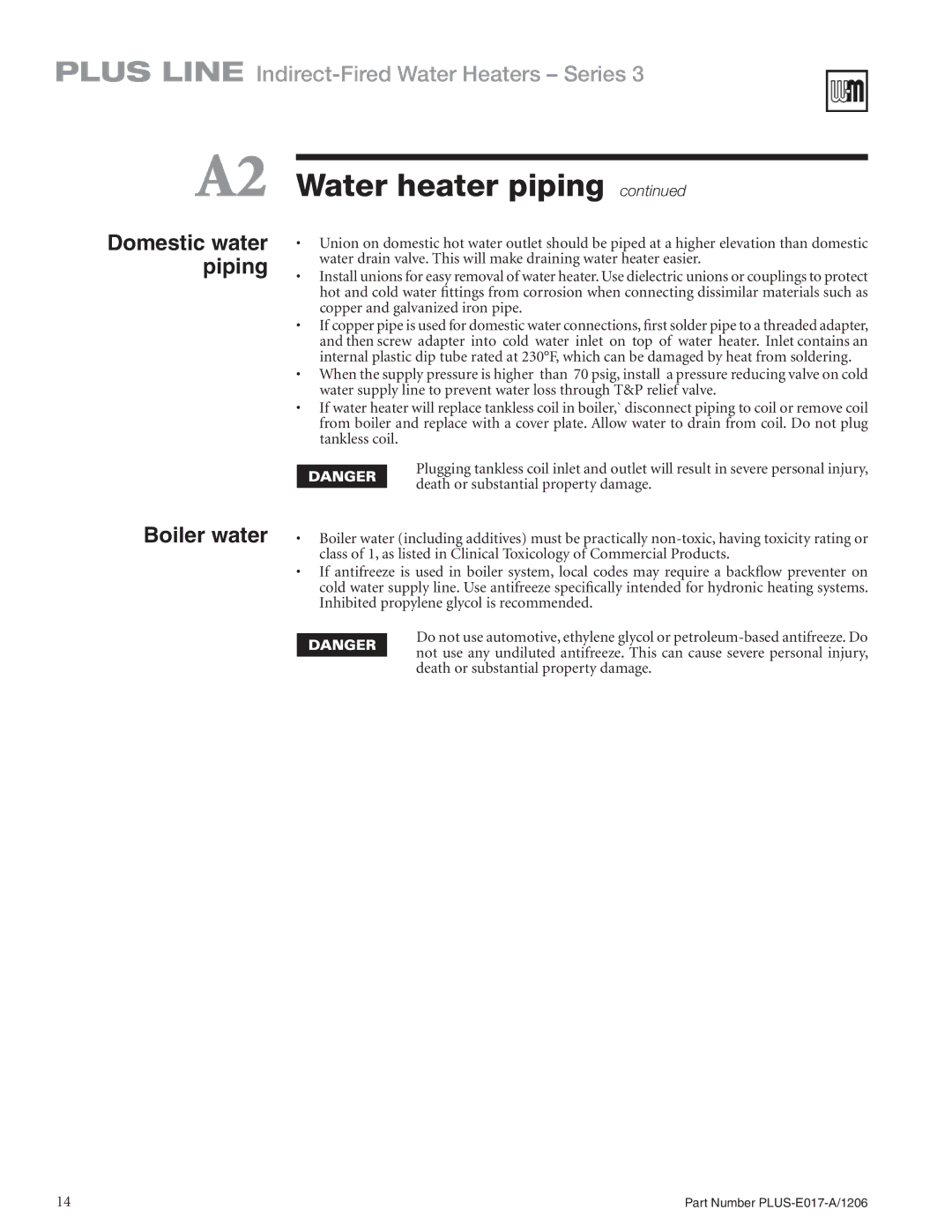 Weil-McLain PLUS-E017-A/1206 manual Boiler water 