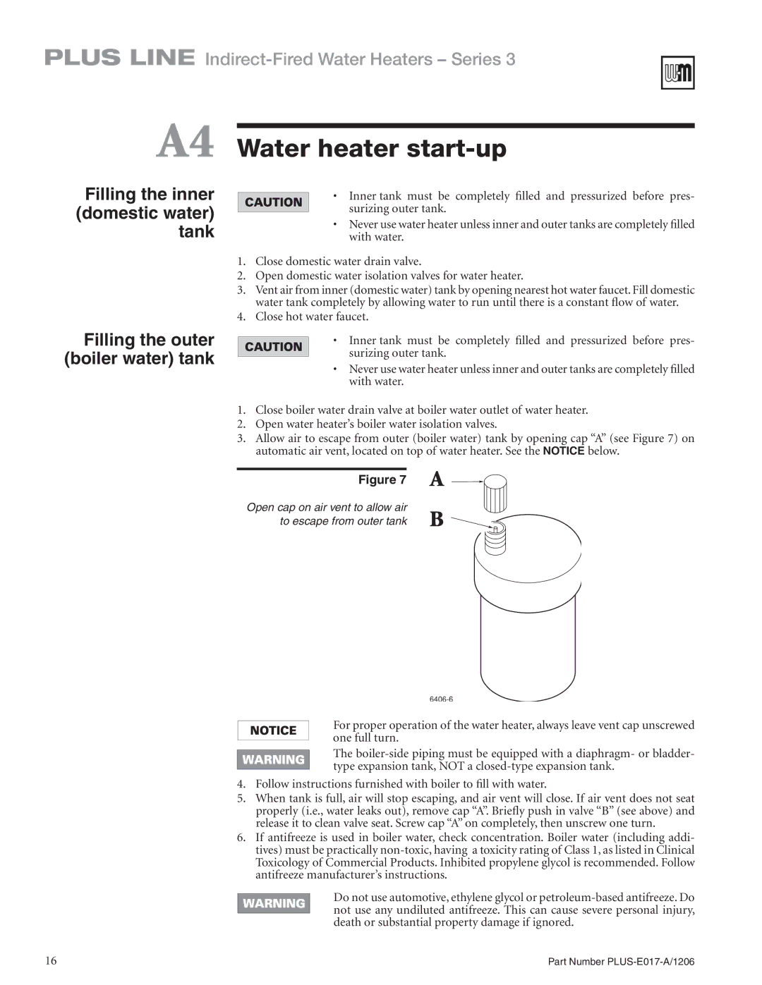 Weil-McLain PLUS-E017-A/1206 manual A4 Water heater start-up, Filling the inner domestic water tank 