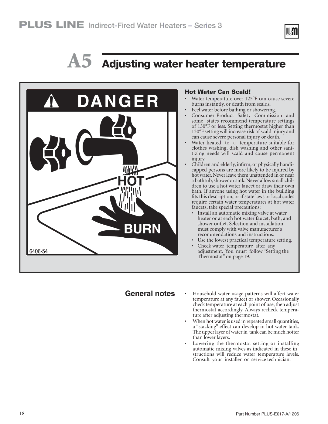 Weil-McLain PLUS-E017-A/1206 manual A5 Adjusting water heater temperature, General notes 