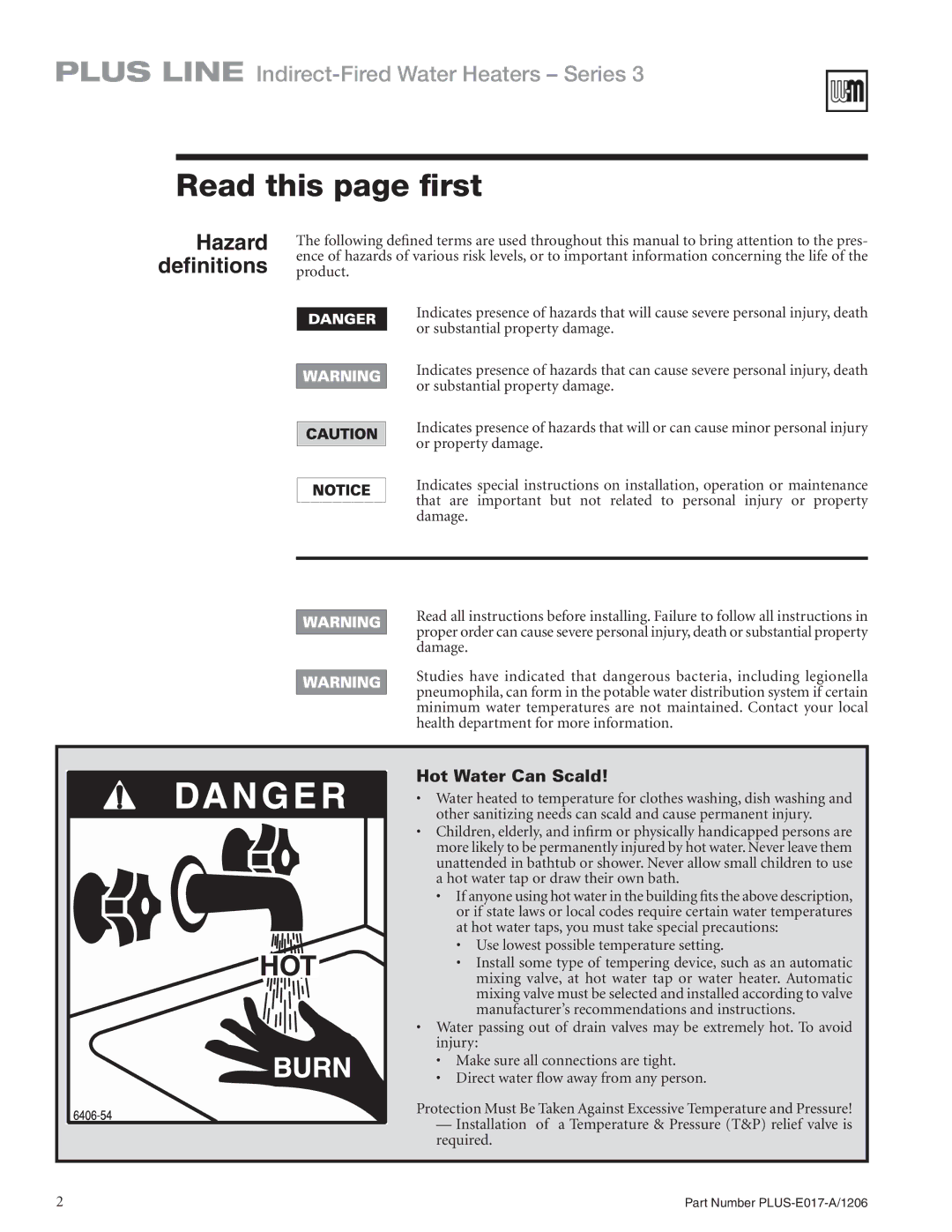 Weil-McLain PLUS-E017-A/1206 manual Read this page first, Hazard definitions 