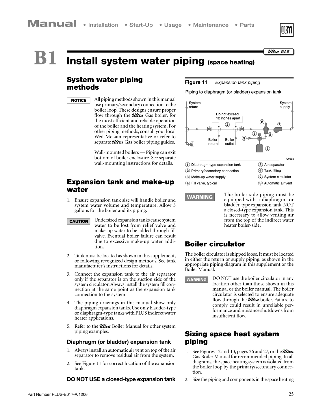 Weil-McLain PLUS-E017-A/1206 manual System water piping methods, Expansion tank and make-up water, Boiler circulator 