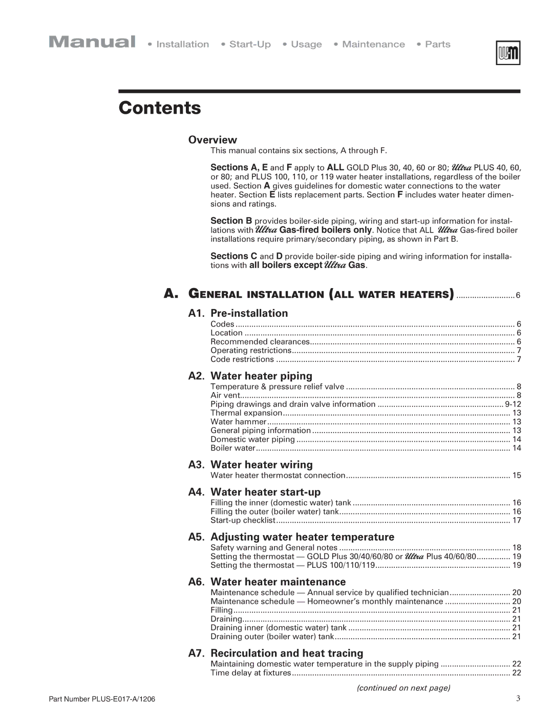 Weil-McLain PLUS-E017-A/1206 manual Contents 