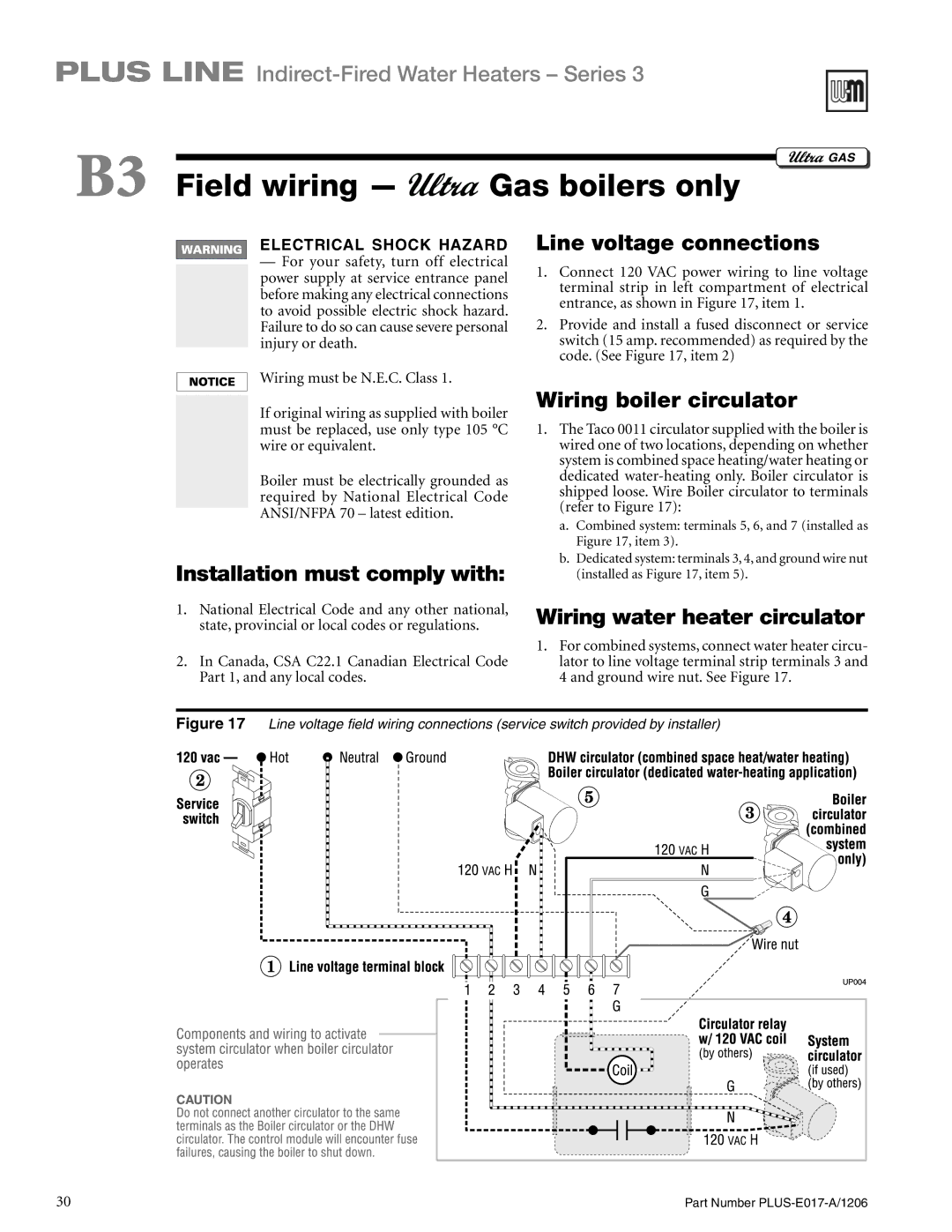 Weil-McLain PLUS-E017-A/1206 B3 Field wiring Gas boilers only, Installation must comply with, Line voltage connections 