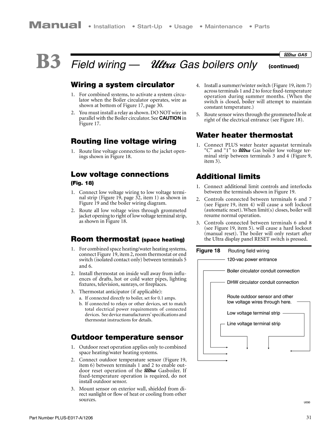 Weil-McLain PLUS-E017-A/1206 manual Wiring a system circulator, Routing line voltage wiring, Water heater thermostat 