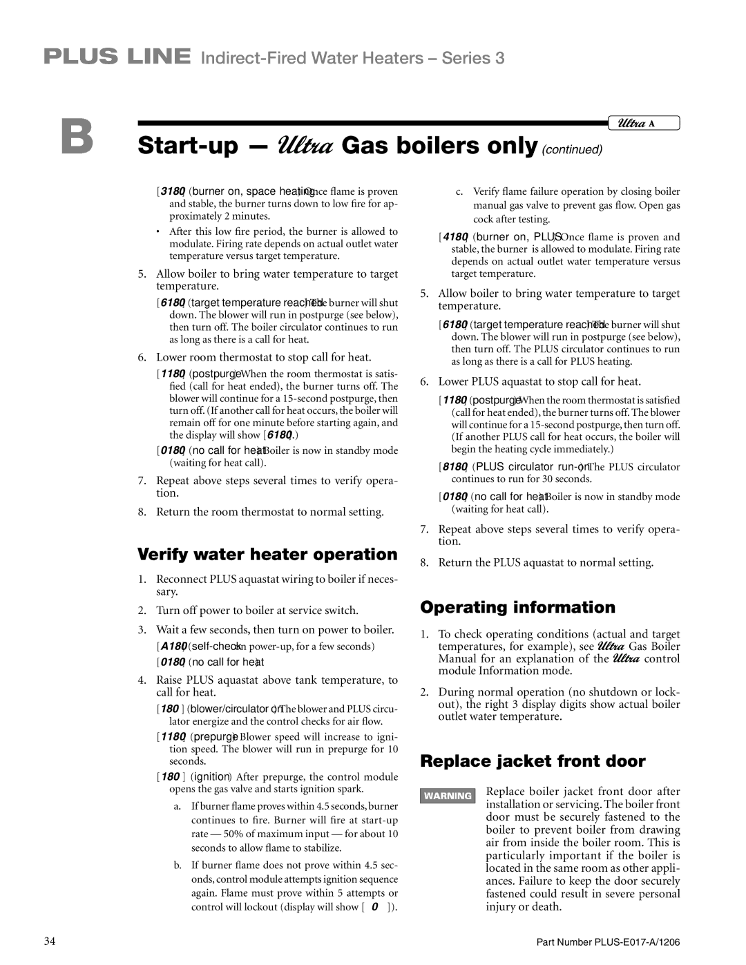 Weil-McLain PLUS-E017-A/1206 manual Verify water heater operation, Operating information, Replace jacket front door 