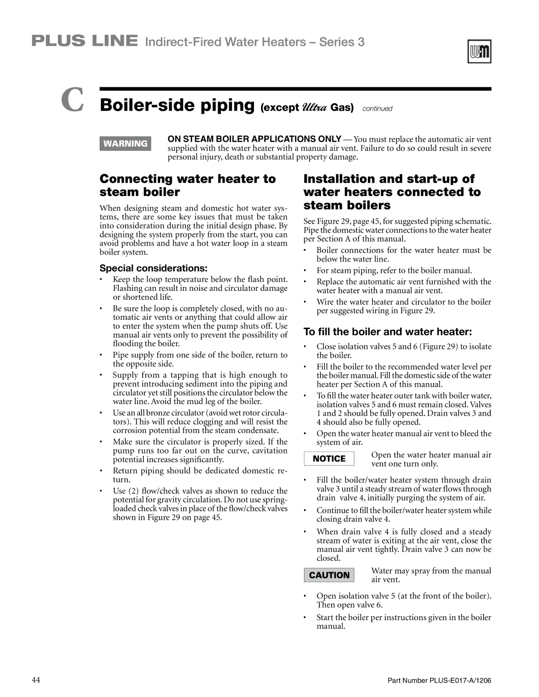 Weil-McLain PLUS-E017-A/1206 manual Connecting water heater to steam boiler, Special considerations 