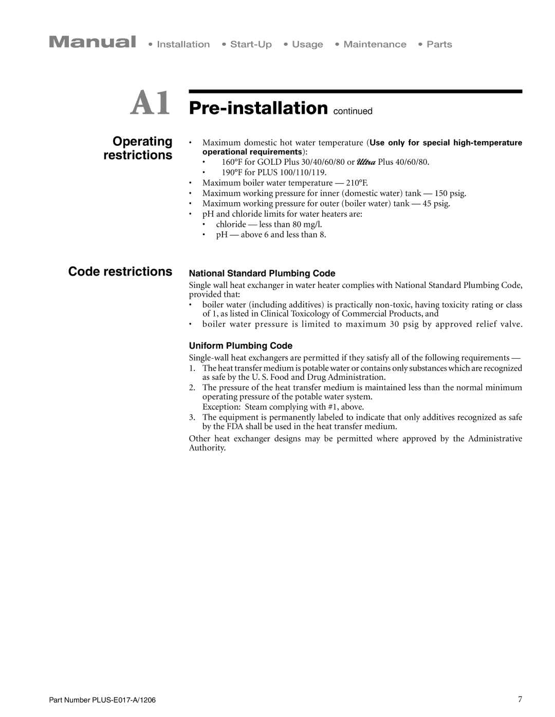 Weil-McLain PLUS-E017-A/1206 manual Restrictions, Code restrictions National Standard Plumbing Code, Uniform Plumbing Code 