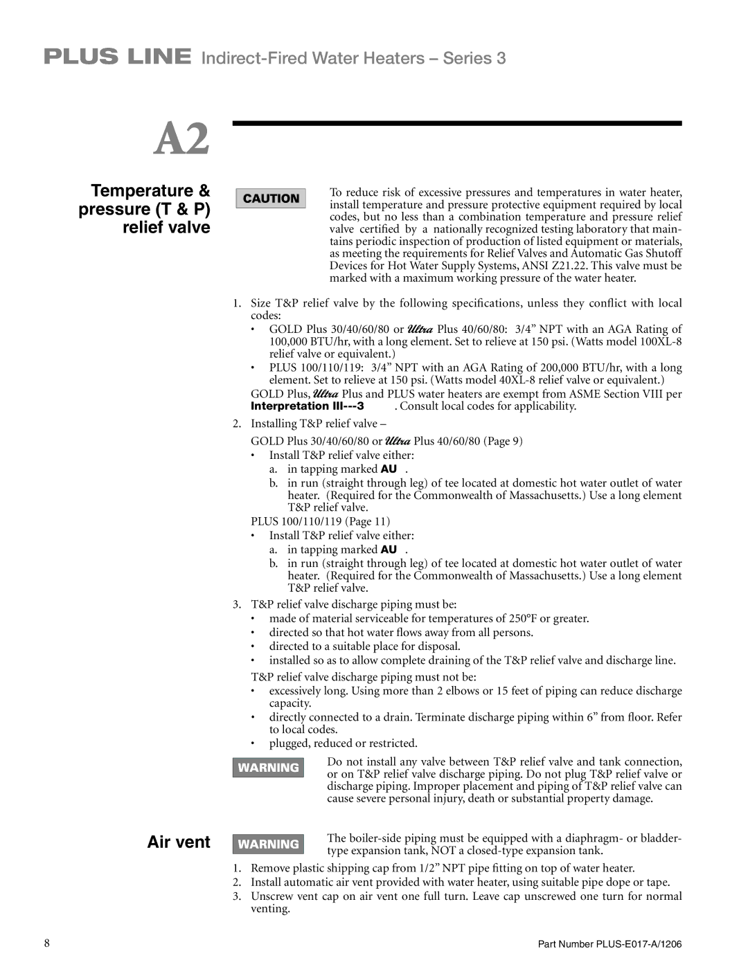 Weil-McLain PLUS-E017-A/1206 manual Water heater piping, Temperature & pressure T & P relief valve, Air vent 