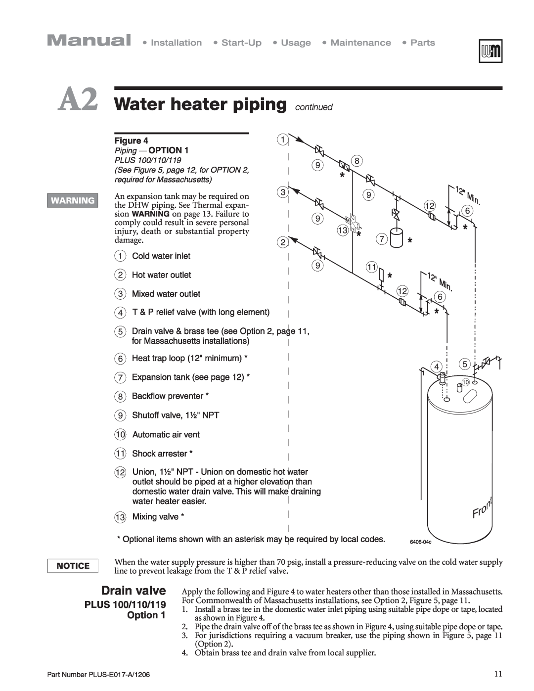 Weil-McLain PLUS-E017-A/1206 manual PLUS 100/110/119 Option, A2 Water heater pipingcontinued, Drain valve 