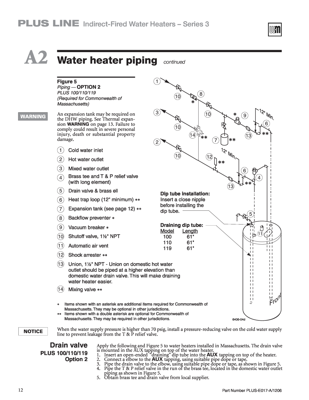 Weil-McLain PLUS-E017-A/1206 A2 Water heater pipingcontinued, PLUS LINE Indirect-FiredWater Heaters - Series, Drain valve 