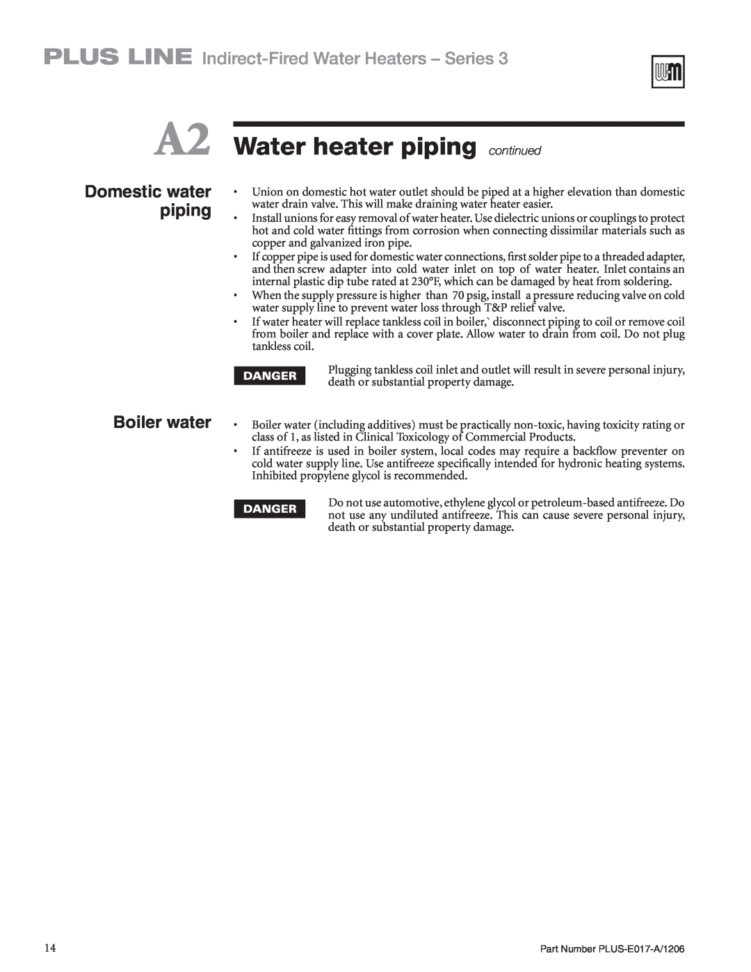 Weil-McLain PLUS-E017-A/1206 manual Boiler water, Domestic water piping, A2 Water heater pipingcontinued 