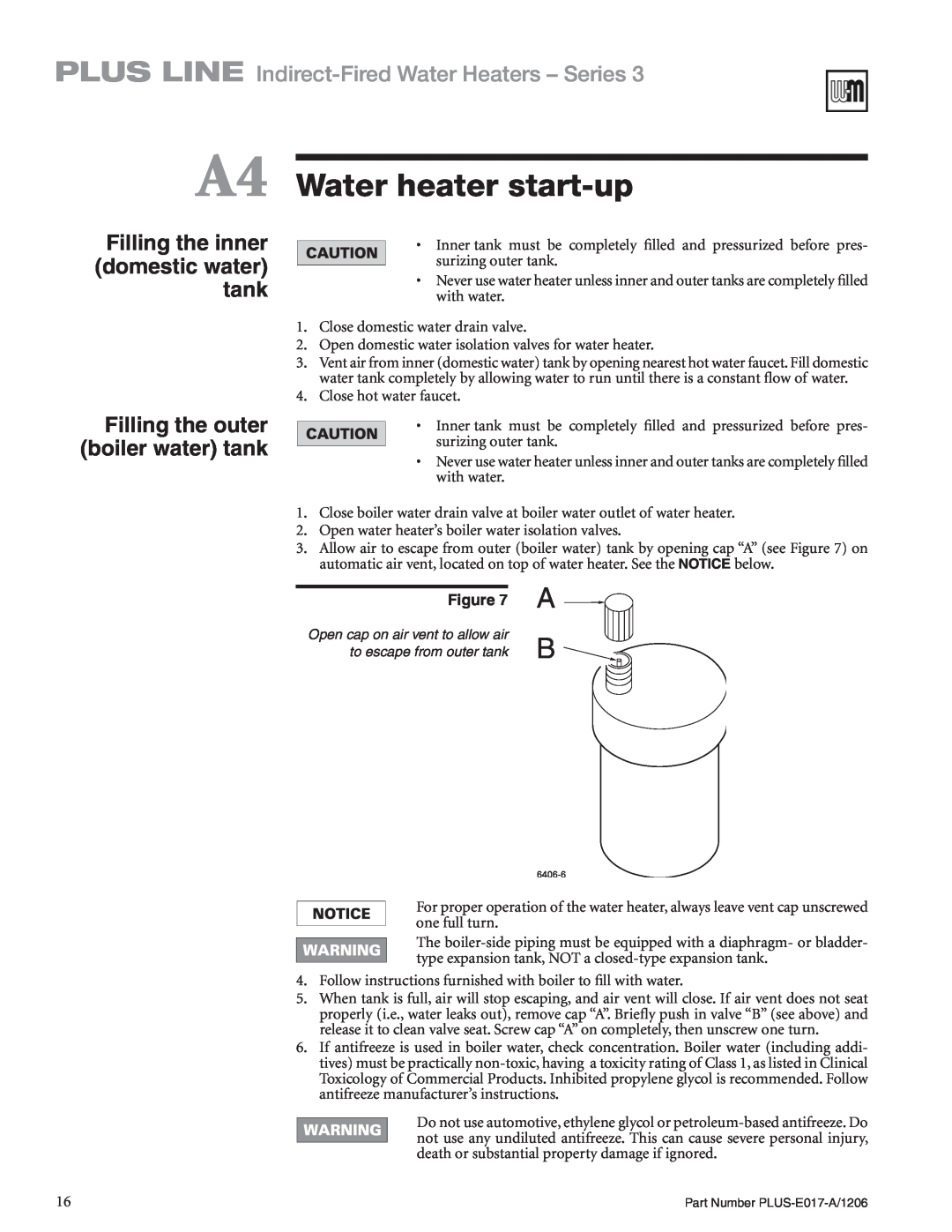 Weil-McLain PLUS-E017-A/1206 manual A4 Water heater start-up, Filling the inner domestic water tank 